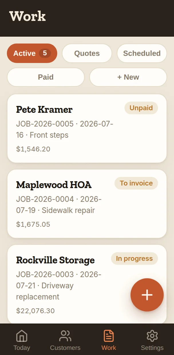 The Work list in Field Ops — quotes, jobs and invoices with their stages