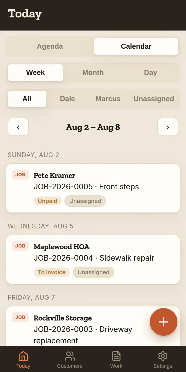 The calendar — your week's jobs and follow-ups in one view