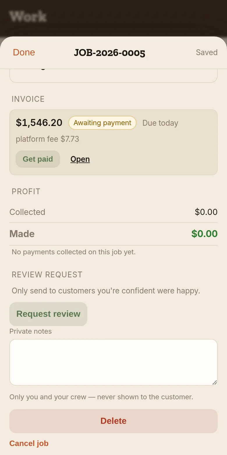 The Invoice section on a job — awaiting payment, with Get paid and the amount due