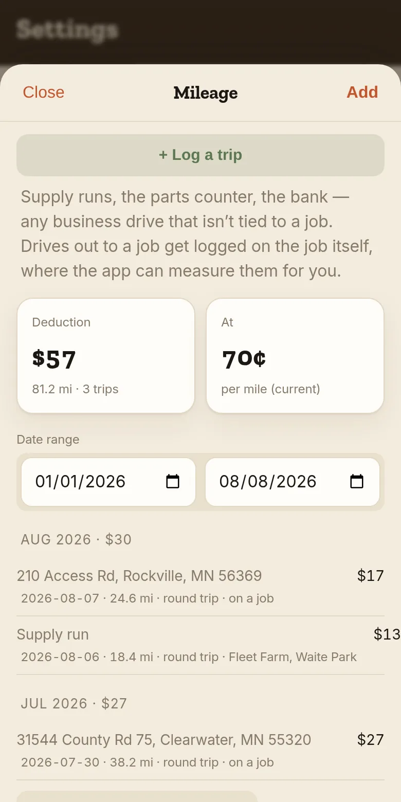 The Mileage sheet — Log a trip, the year's deduction, and the trip log