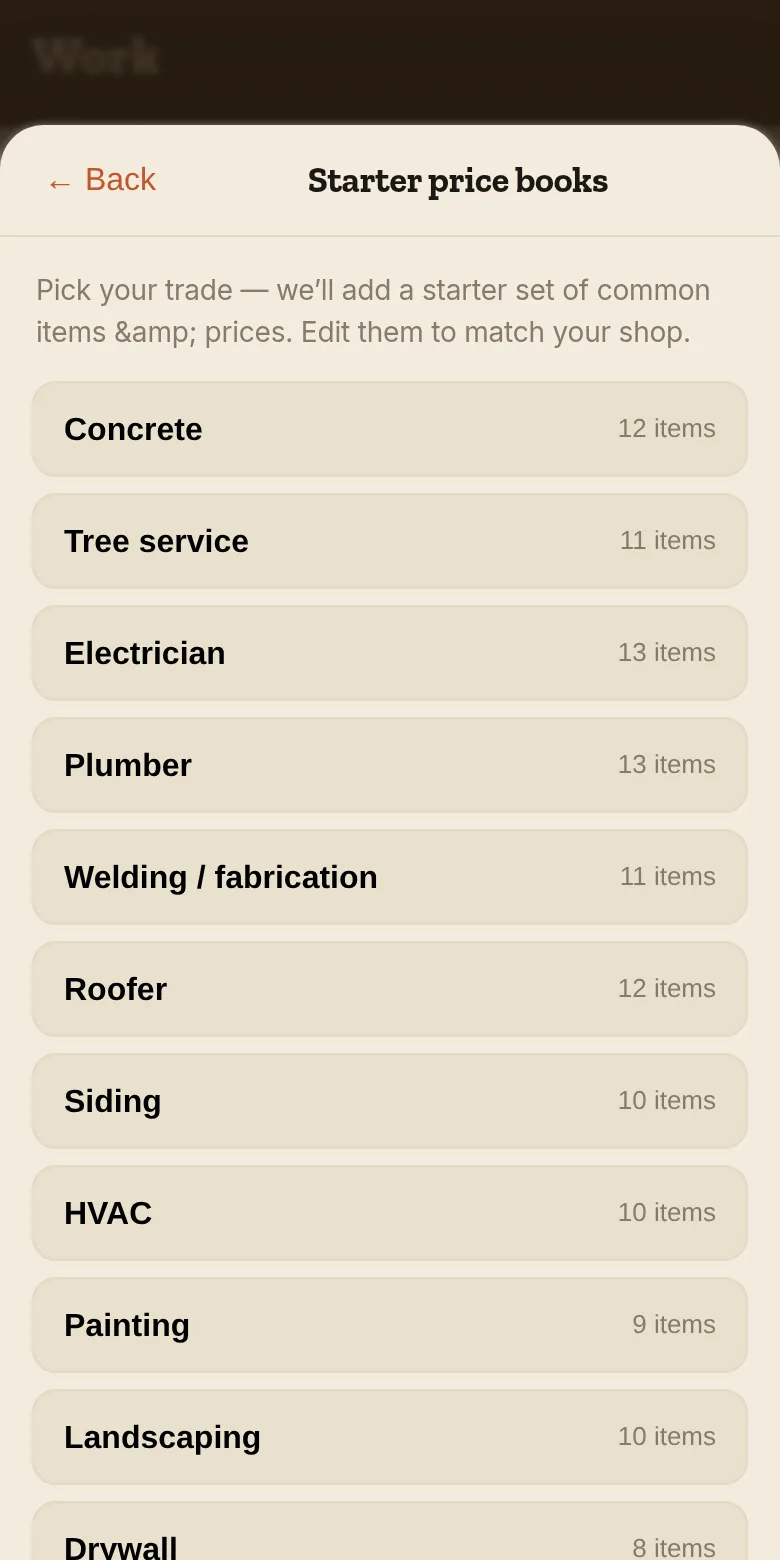 Starter price books — pick your line of work and get a ready-made item list