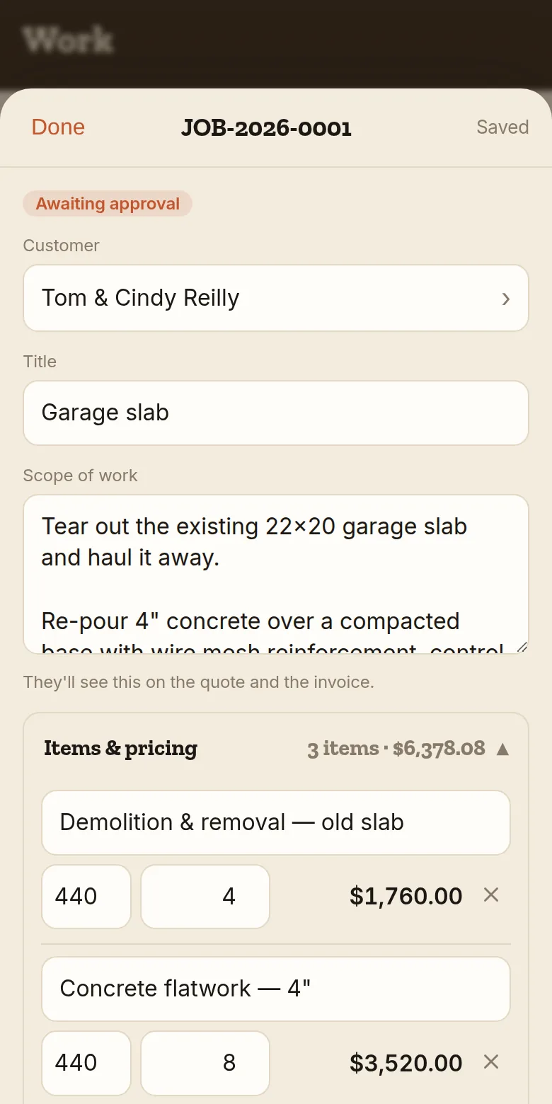 Building a quote — scope of work, line items with live total, + From price book