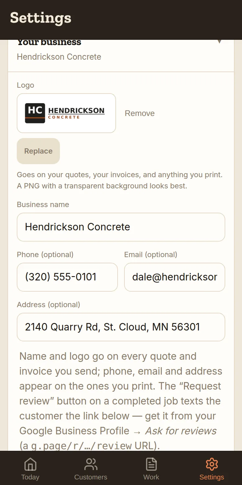 Settings → Your business — the logo, business name, phone, email and address that make up your letterhead