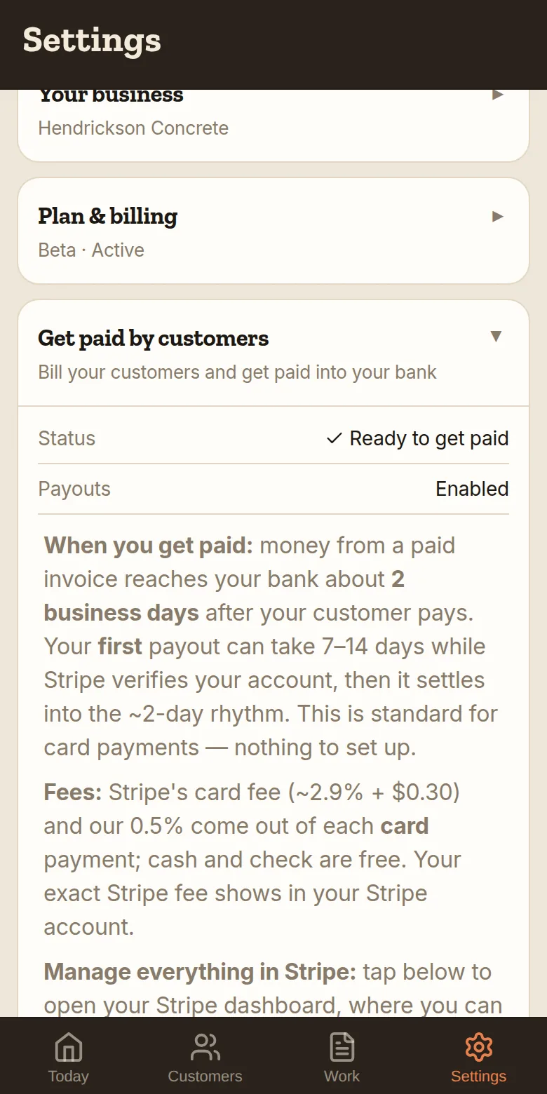 Settings → Get paid by customers — the one-time bank setup