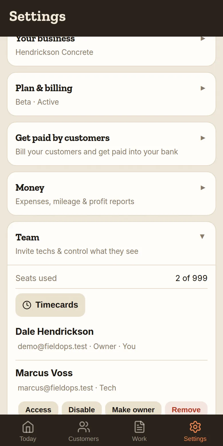 Settings → Team — invite techs by email