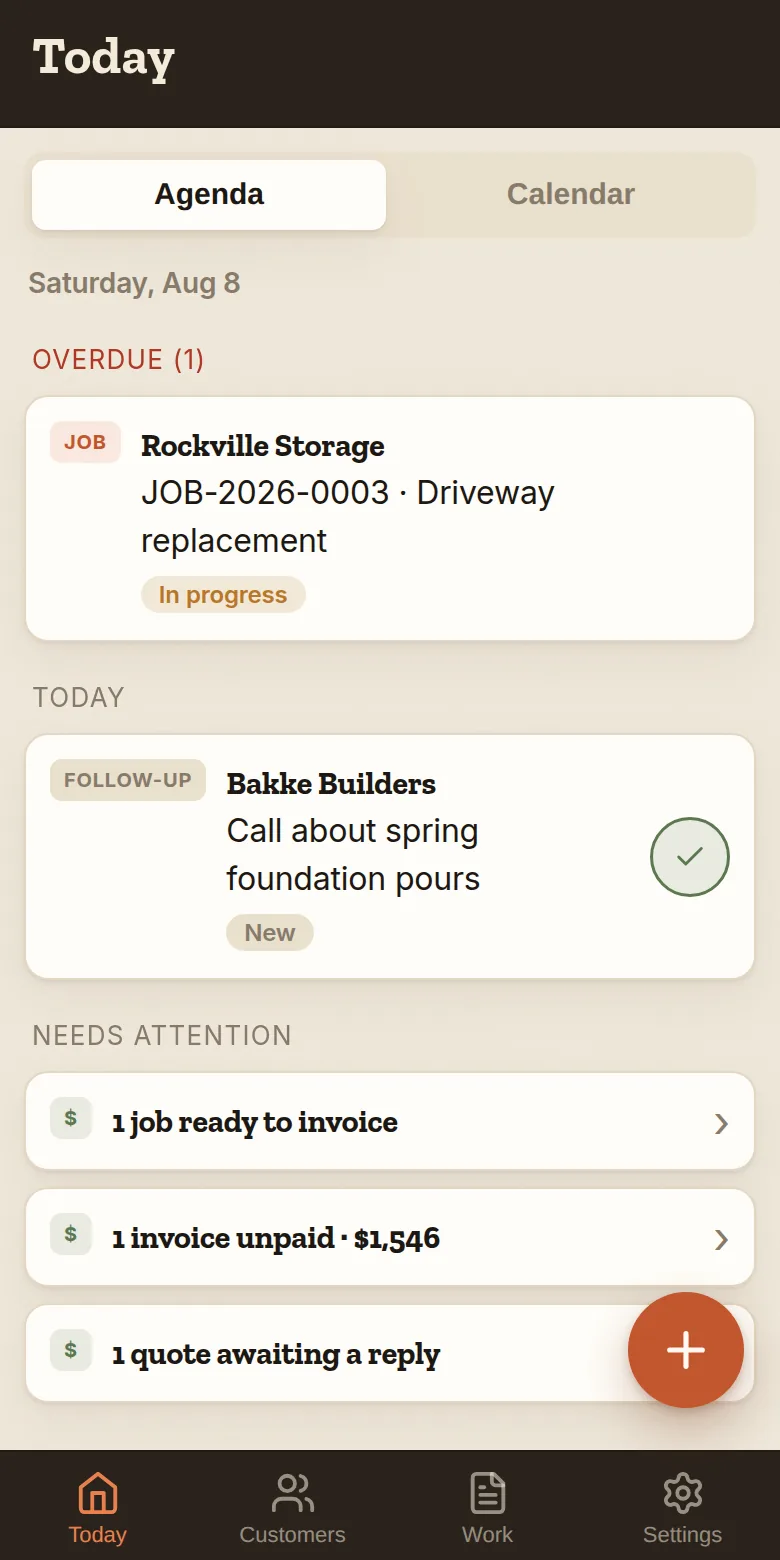 The Today tab — overdue follow-ups and today's jobs