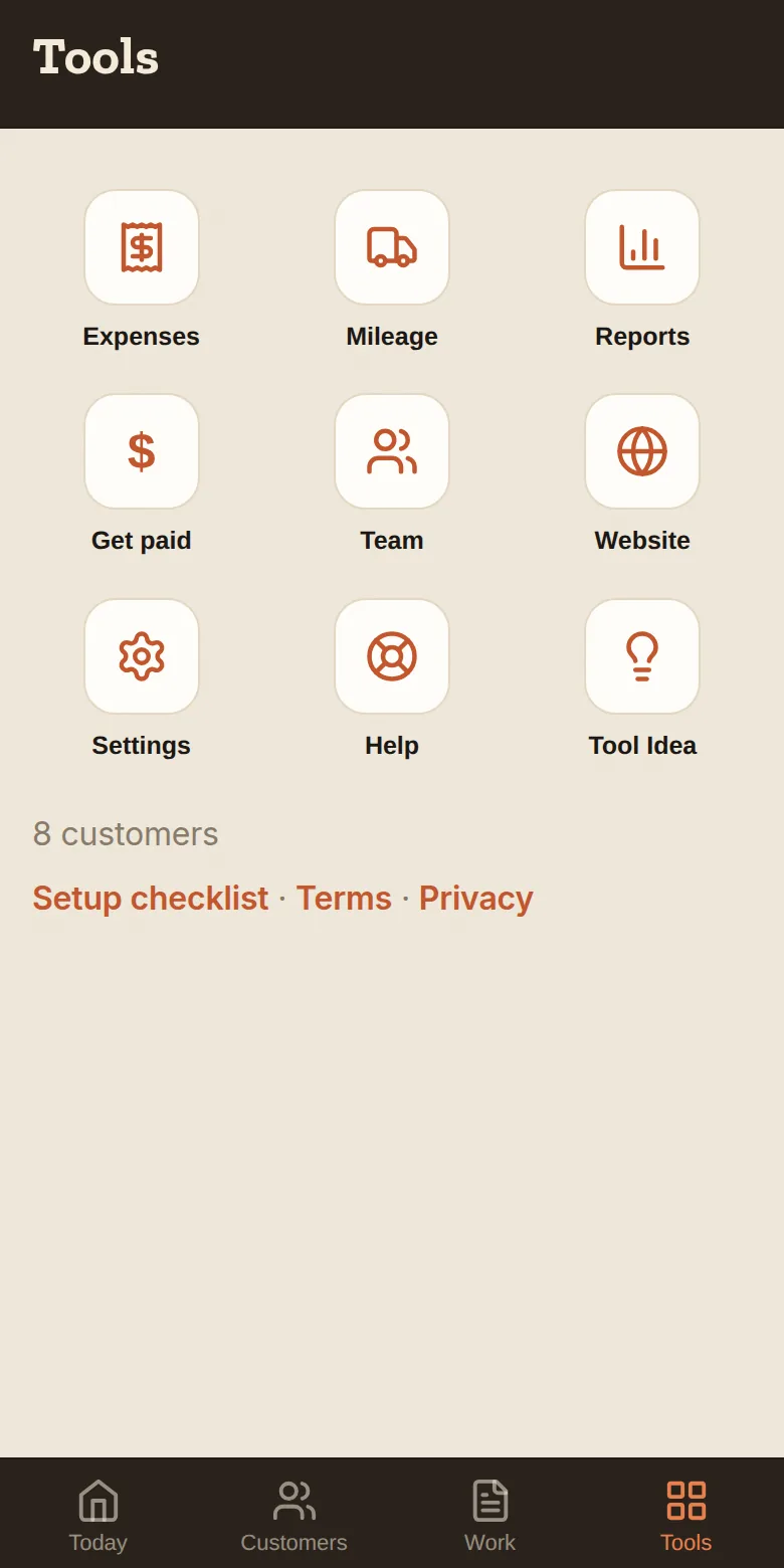 The Tools tab — one tile per app: Expenses, Mileage, Reports, Get paid, Team, Website, Settings, Help, Tool Idea