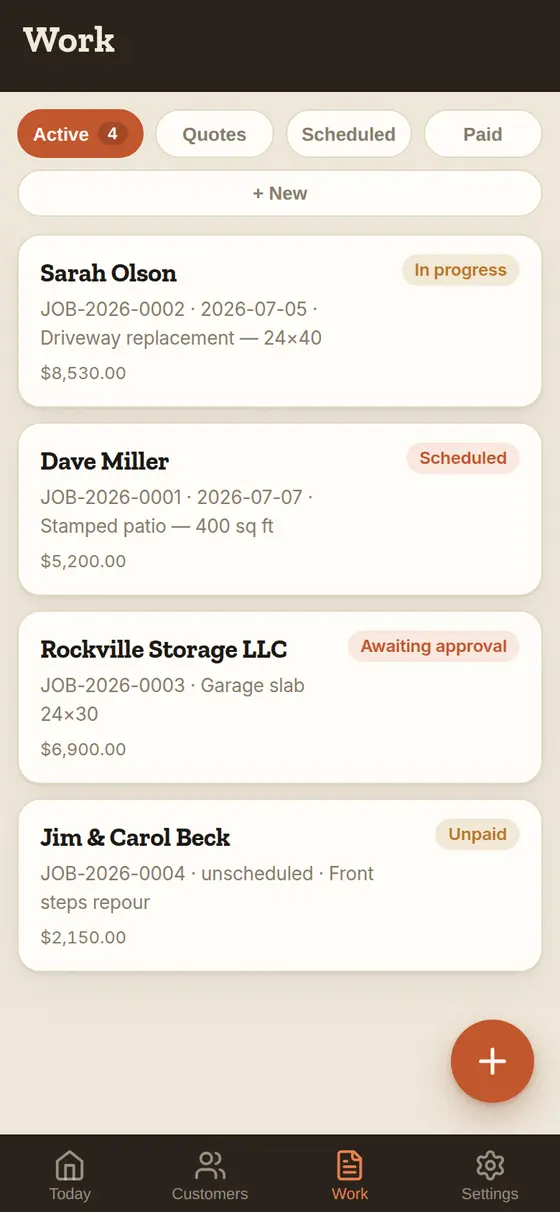 The Work tab in Field Ops — every job from quote to paid, with status and total